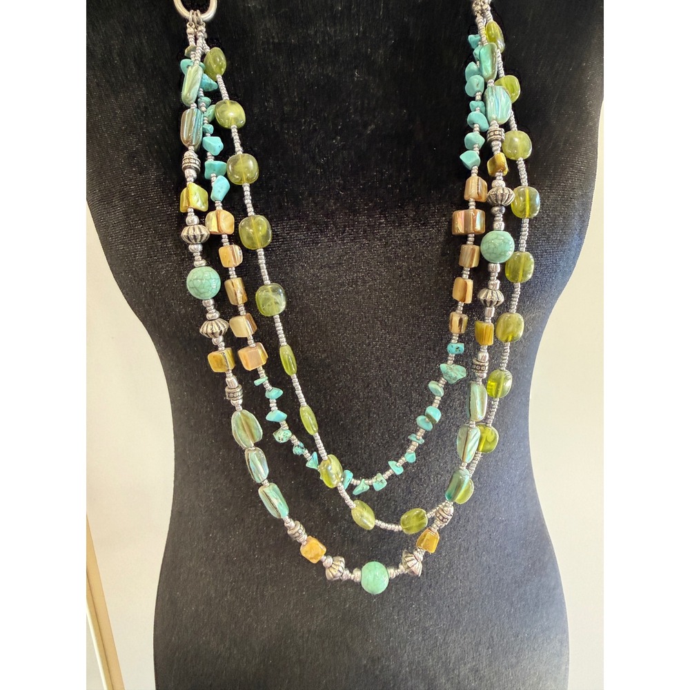 Boho Multi Strand Beaded Necklace Turquoise Green Shell Braided Cord Statement - Picture 3 of 5